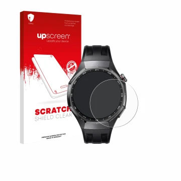 Face avant d’un emballage produit avec le logo de la marque upscreen. À côté, l’appareil Huawei Watch GT 6 Pro (46 mm) est rep