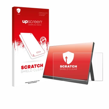 Face avant d’un emballage produit avec le logo de la marque upscreen. À côté, l’appareil Arzopa ‎60HZ/A1 15.6