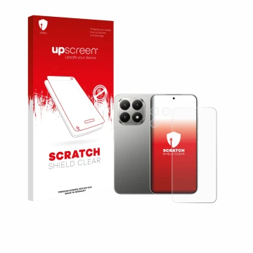 Face avant d’un emballage produit avec le logo de la marque upscreen. À côté, l’appareil Xiaomi 15T (Avant+Caméra) est représe