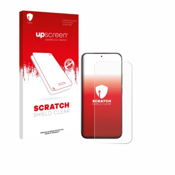 Face avant d’un emballage produit avec le logo de la marque upscreen. À côté, l’appareil Xiaomi 17 est représenté avec la prot