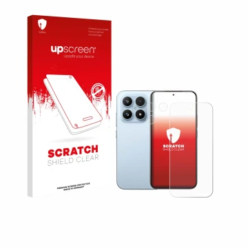 Face avant d’un emballage produit avec le logo de la marque upscreen. À côté, l’appareil Xiaomi 17 (Avant+Caméra) est représen
