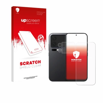 Face avant d’un emballage produit avec le logo de la marque upscreen. À côté, l’appareil Xiaomi 17 Pro (Avant+Caméra) est repr