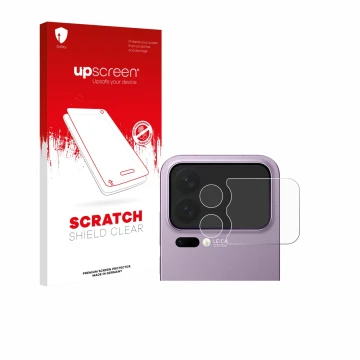 Face avant d’un emballage produit avec le logo de la marque upscreen. À côté, l’appareil Xiaomi 17 Pro Max (Caméra UNIQUEMENT)