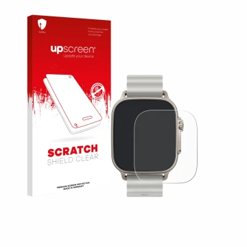 Face avant d’un emballage produit avec le logo de la marque upscreen. À côté, l’appareil realme Watch 5 est représenté avec la