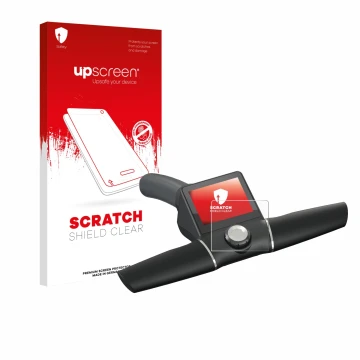 Face avant d’un emballage produit avec le logo de la marque upscreen. À côté, l’appareil Motocaddy M7 GPS Remote est représent