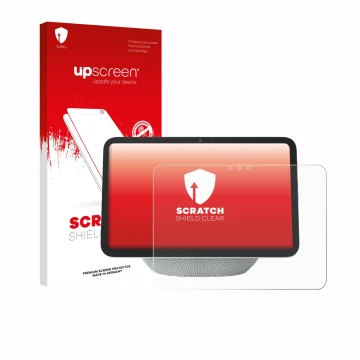 Face avant d’un emballage produit avec le logo de la marque upscreen. À côté, l’appareil Amazon Echo Show 11 2025 est représen