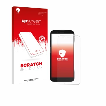 Face avant d’un emballage produit avec le logo de la marque upscreen. À côté, l’appareil Datalogic Memor 17 HC est représenté 