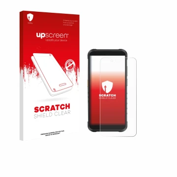 Face avant d’un emballage produit avec le logo de la marque upscreen. À côté, l’appareil Ulefone RugKing est représenté avec l