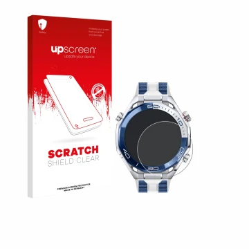 Face avant d’un emballage produit avec le logo de la marque upscreen. À côté, l’appareil Huawei Watch Ultimate 2 Blue est repr