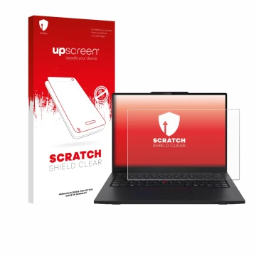 Face avant d’un emballage produit avec le logo de la marque upscreen. À côté, l’appareil Lenovo ThinkPad L13 Gen 6 est représe