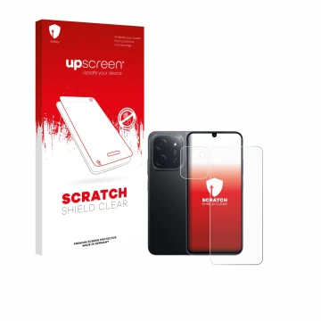 Face avant d’un emballage produit avec le logo de la marque upscreen. À côté, l’appareil Xiaomi Poco C85 (Avant+Caméra) est re