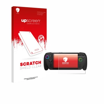 Face avant d’un emballage produit avec le logo de la marque upscreen. À côté, l’appareil ASUS ROG Ally X 2025 est représenté a