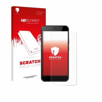 Face avant d’un emballage produit avec le logo de la marque upscreen. À côté, l’appareil HTC Wildfire E5 Life est représenté a