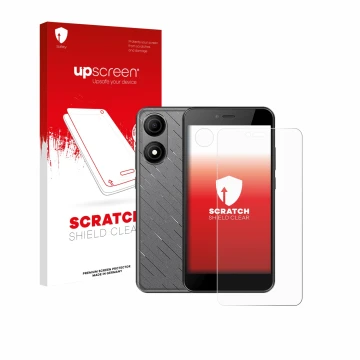 Face avant d’un emballage produit avec le logo de la marque upscreen. À côté, l’appareil HTC Wildfire E5 Life (Avant+Caméra) e