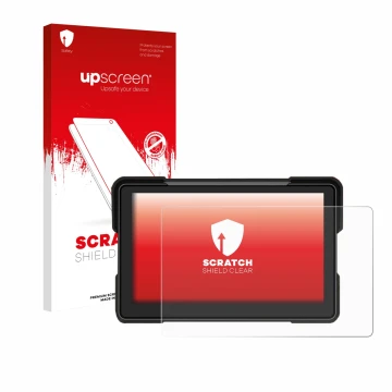 Face avant d’un emballage produit avec le logo de la marque upscreen. À côté, l’appareil Airpuxem Motorrad Carplay 7