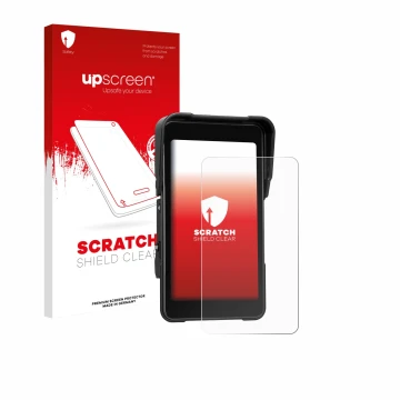 Face avant d’un emballage produit avec le logo de la marque upscreen. À côté, l’appareil CAMECHO Motorrad Carplay 5