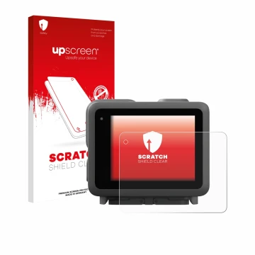 Face avant d’un emballage produit avec le logo de la marque upscreen. À côté, l’appareil GoPro Lit Hero est représenté avec la