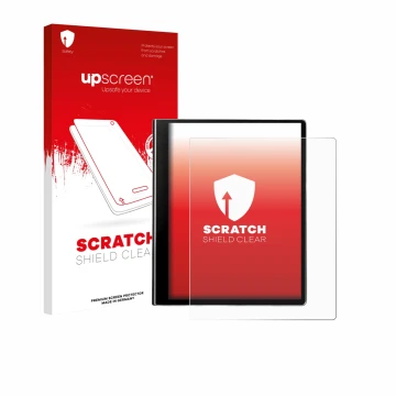Face avant d’un emballage produit avec le logo de la marque upscreen. À côté, l’appareil eazeye Paper 2.0 est représenté avec 