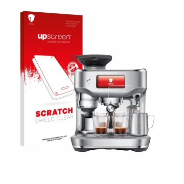 Face avant d’un emballage produit avec le logo de la marque upscreen. À côté, l’appareil Sage the Oracle Dual Boiler est repré