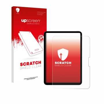 Face avant d’un emballage produit avec le logo de la marque upscreen. À côté, l’appareil Apple iPad Pro 11