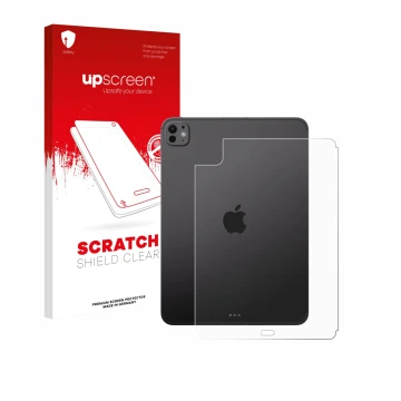 Face avant d’un emballage produit avec le logo de la marque upscreen. À côté, l’appareil Apple iPad Pro 11
