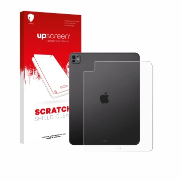 Face avant d’un emballage produit avec le logo de la marque upscreen. À côté, l’appareil Apple iPad Pro 13