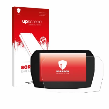 Face avant d’un emballage produit avec le logo de la marque upscreen. À côté, l’appareil Ducati Streetfighter V2 2025 est repr