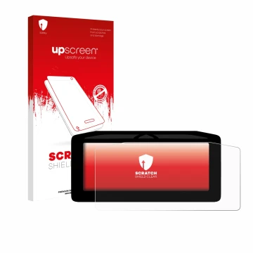 Face avant d’un emballage produit avec le logo de la marque upscreen. À côté, l’appareil Ducati XDiavel V4 2025 Affichage de l