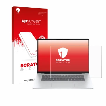 Face avant d’un emballage produit avec le logo de la marque upscreen. À côté, l’appareil HP OmniBook 5 16 est représenté avec 