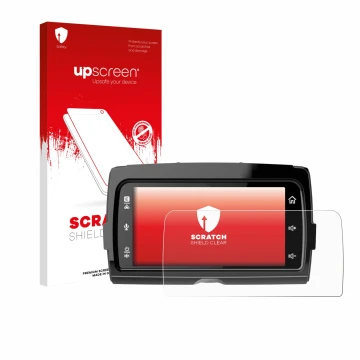 Face avant d’un emballage produit avec le logo de la marque upscreen. À côté, l’appareil Harley Davidson Soundstream Reserve W