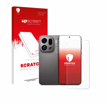 Face avant d’un emballage produit avec le logo de la marque upscreen. À côté, l’appareil Oppo Find X9 (Avant+Caméra) est repré