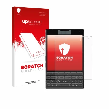 Face avant d’un emballage produit avec le logo de la marque upscreen. À côté, l’appareil Unihertz Titan 2 est représenté avec 