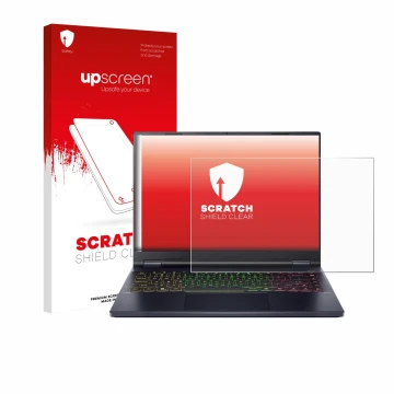 Face avant d’un emballage produit avec le logo de la marque upscreen. À côté, l’appareil Acer Predator Helios Neo 14 AI est re