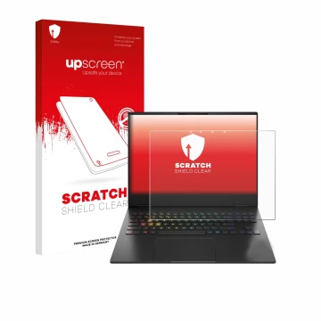 Face avant d’un emballage produit avec le logo de la marque upscreen. À côté, l’appareil HP Omen Transcend 16-u1000nl est repr