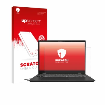 Face avant d’un emballage produit avec le logo de la marque upscreen. À côté, l’appareil MSI Prestige 16 AI Evo B1M est représ