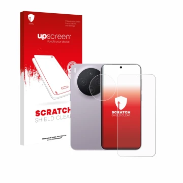 Face avant d’un emballage produit avec le logo de la marque upscreen. À côté, l’appareil Vivo X300 (Avant+Caméra) est représen