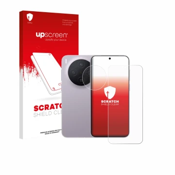Face avant d’un emballage produit avec le logo de la marque upscreen. À côté, l’appareil Vivo X300 Pro (Avant+Caméra) est repr
