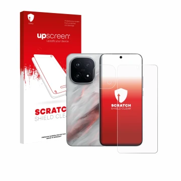 Face avant d’un emballage produit avec le logo de la marque upscreen. À côté, l’appareil Vivo iQOO 15 (Avant+Caméra) est repré