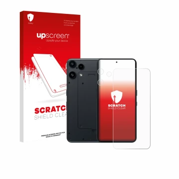 Face avant d’un emballage produit avec le logo de la marque upscreen. À côté, l’appareil Nothing Phone (3a) Lite (Avant+Caméra
