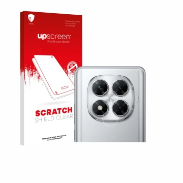 Face avant d’un emballage produit avec le logo de la marque upscreen. À côté, l’appareil Xiaomi Poco X7 (Caméra UNIQUEMENT) es