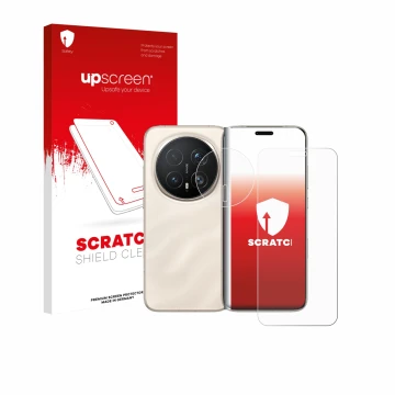 Face avant d’un emballage produit avec le logo de la marque upscreen. À côté, l’appareil Honor Magic 8 Pro (Avant+Caméra) est 