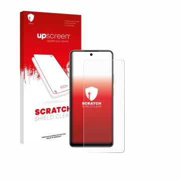 Face avant d’un emballage produit avec le logo de la marque upscreen. À côté, l’appareil Tecno Pova 7 est représenté avec la p
