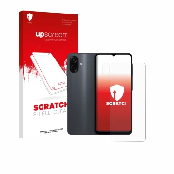 Face avant d’un emballage produit avec le logo de la marque upscreen. À côté, l’appareil Samsung Galaxy A07 (Avant+Caméra) est