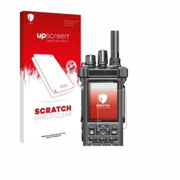 Face avant d’un emballage produit avec le logo de la marque upscreen. À côté, l’appareil Radtel RT-950 Pro est représenté avec