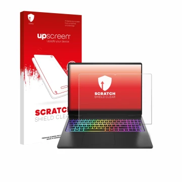 Face avant d’un emballage produit avec le logo de la marque upscreen. À côté, l’appareil HP Omen Max 16 est représenté avec la