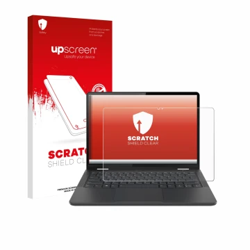 Face avant d’un emballage produit avec le logo de la marque upscreen. À côté, l’appareil Lenovo 13w Yoga Gen 2 est représenté 