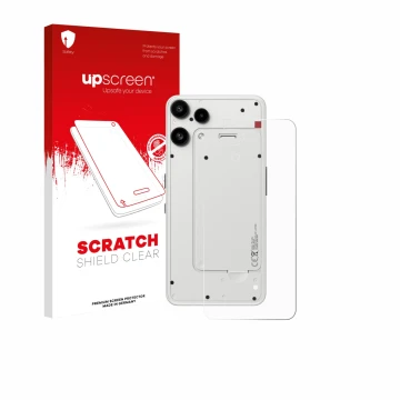 Face avant d’un emballage produit avec le logo de la marque upscreen. À côté, l’appareil Nothing Phone (3a) Lite (Arrière) est