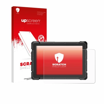 Face avant d’un emballage produit avec le logo de la marque upscreen. À côté, l’appareil Higole F7G Rugged Tablet 10.1