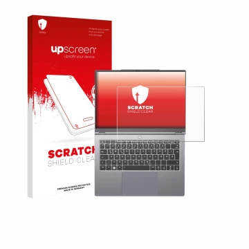 Face avant d’un emballage produit avec le logo de la marque upscreen. À côté, l’appareil Tuxedo InfinityBook Pro 14 Gen 10 est