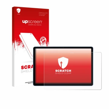 Face avant d’un emballage produit avec le logo de la marque upscreen. À côté, l’appareil Itel VistaTab 30 est représenté avec 